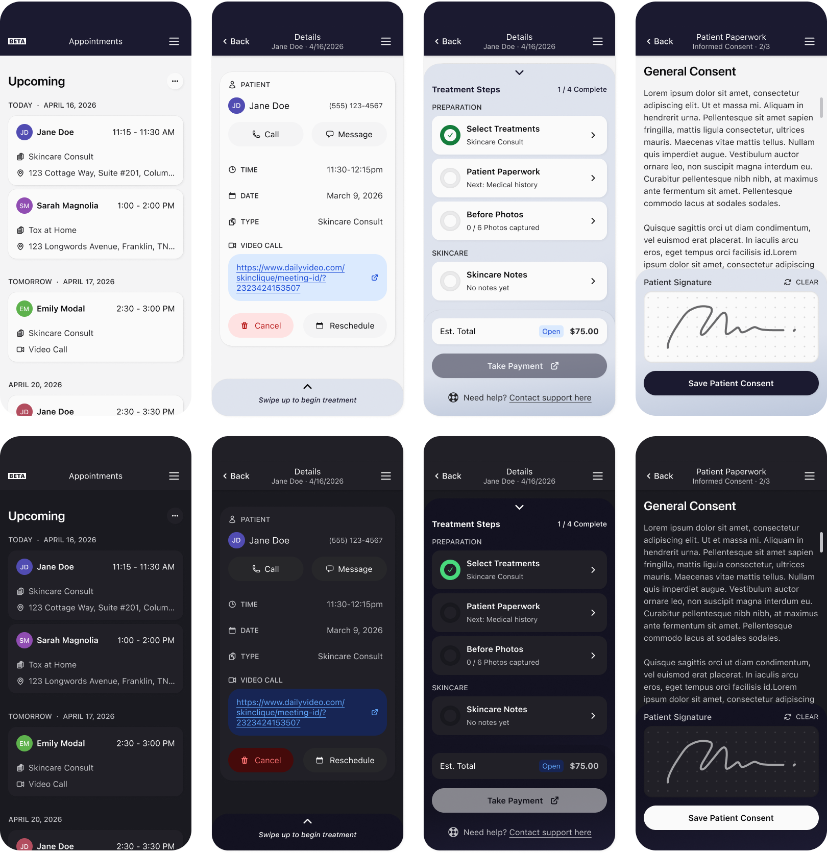 SkinClique appointments list, appointment details, and patient paperwork screens in light and dark mode
