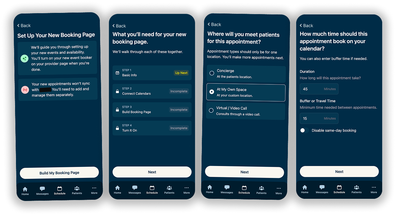 One of the onboarding views asking a user what type of appointment they want to set up.