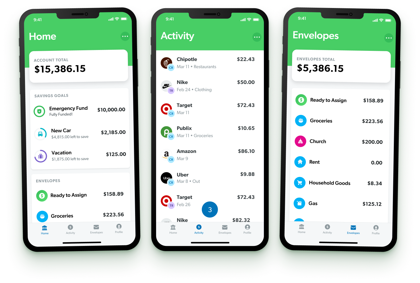 EveryDollar app screens showing account total, activity feed, and envelope budgets