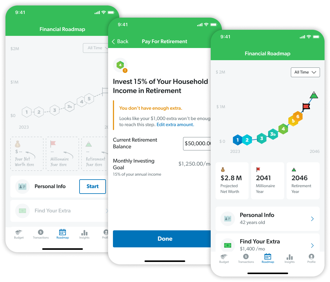 Financial Roadmap app screens showing a net worth timeline and retirement planning steps