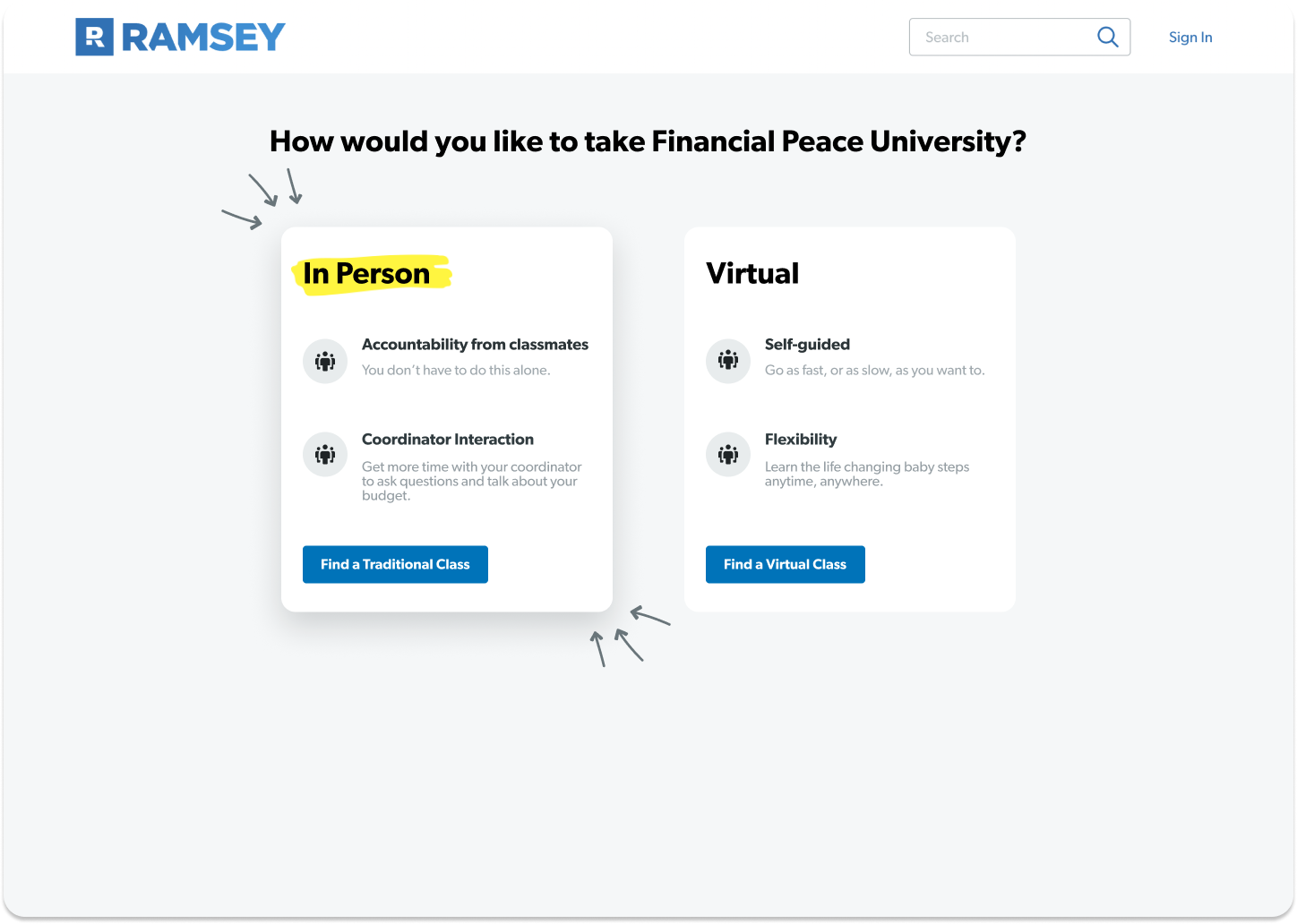 Class type selection screen asking how the user would like to take Financial Peace University, with In Person and Virtual options