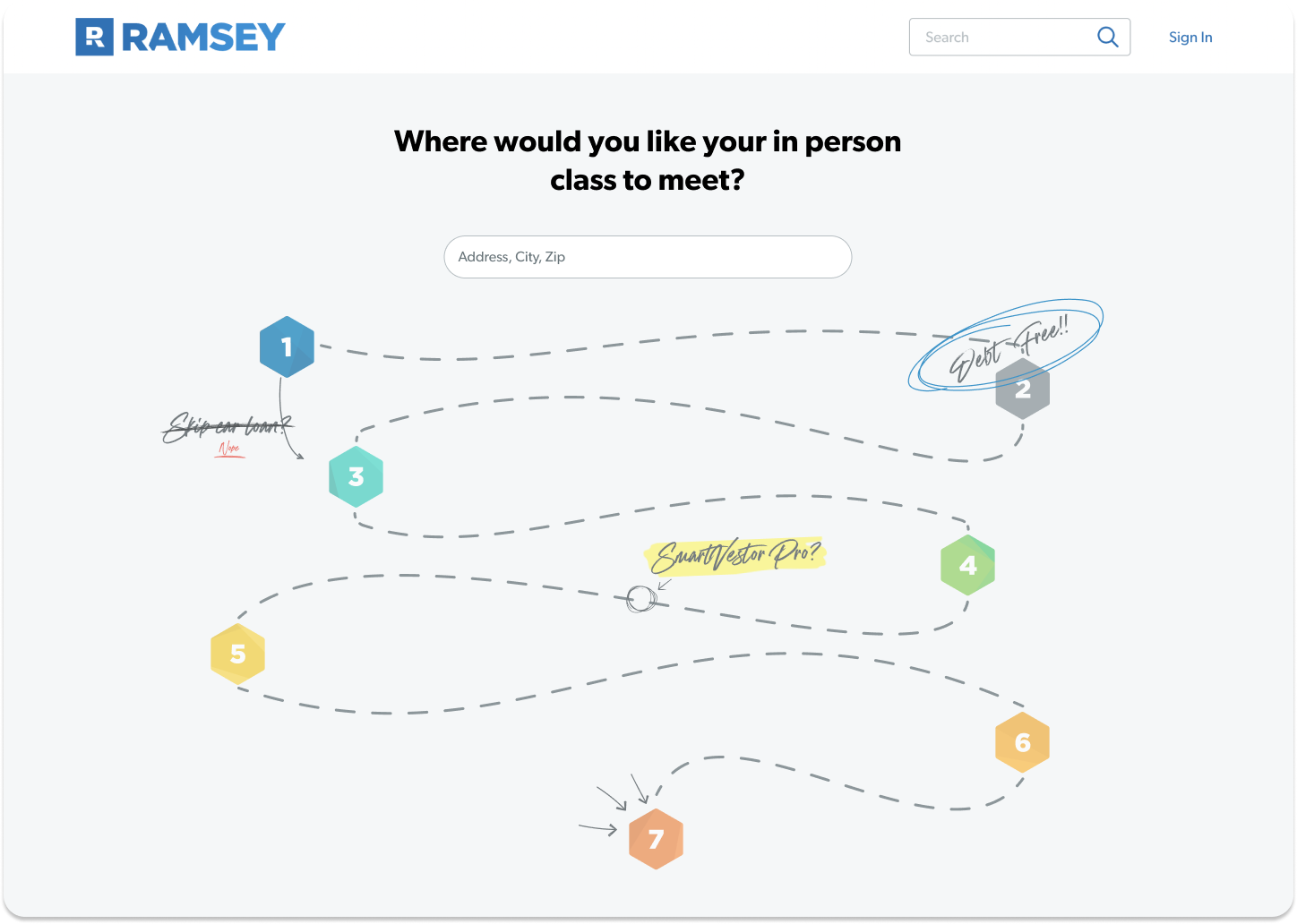 Location search screen asking where the user's in-person class should meet