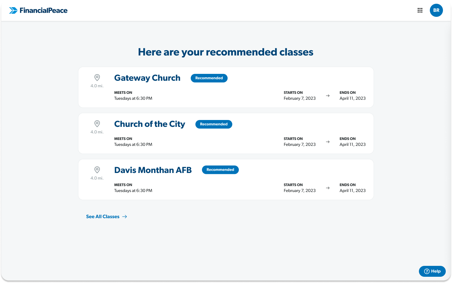 Redesigned FPU listings page showing three recommended classes before the full list