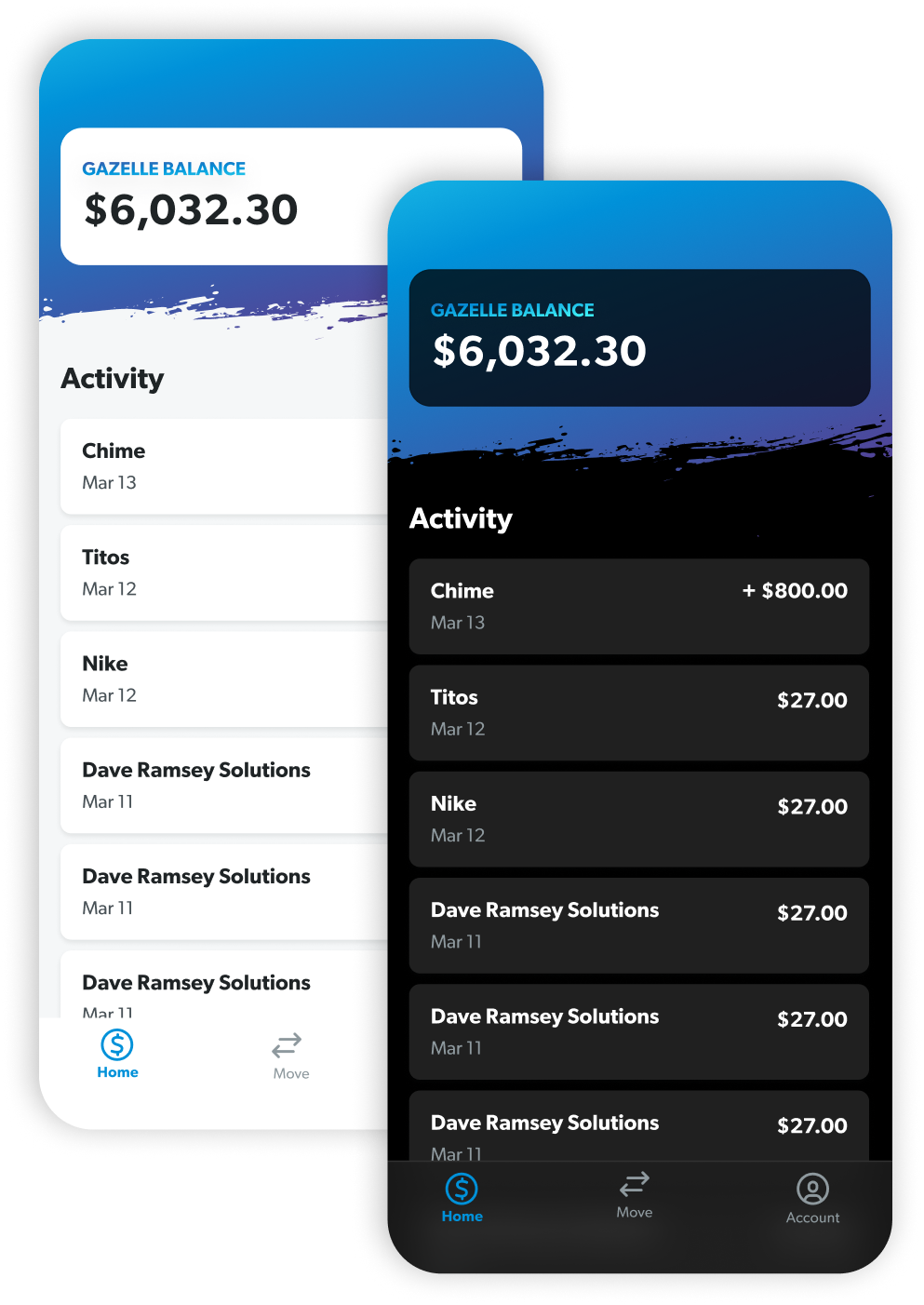 Gazelle debit card balance and activity screens in light and dark mode