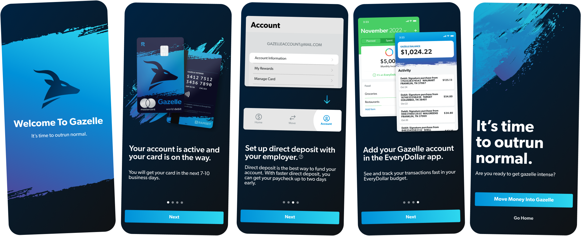Gazelle debit card onboarding flow screens