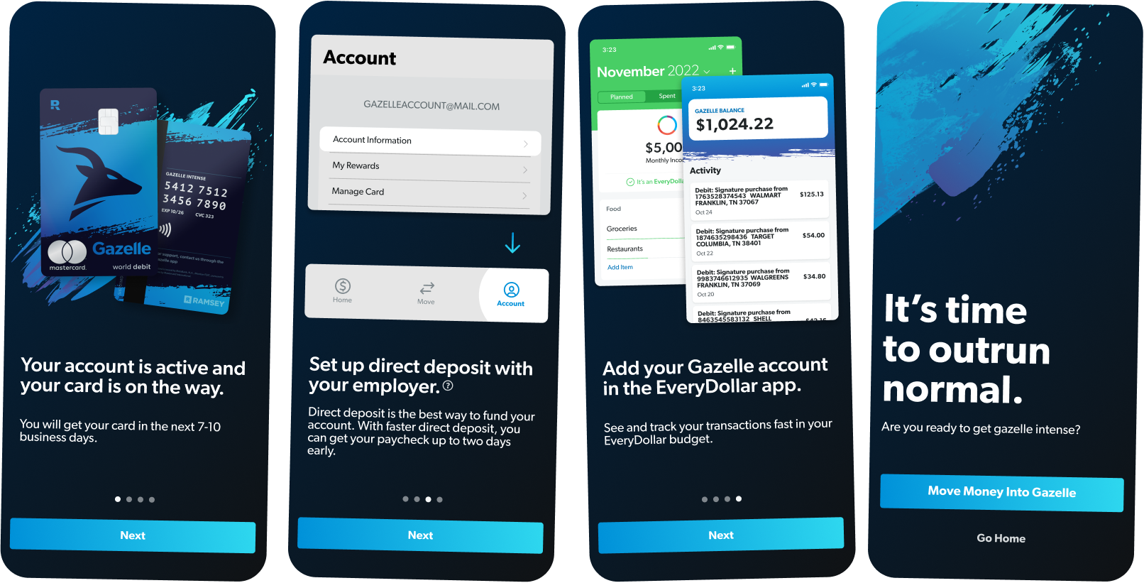 Gazelle card onboarding screens: activating the card, setting up direct deposit, and linking to EveryDollar