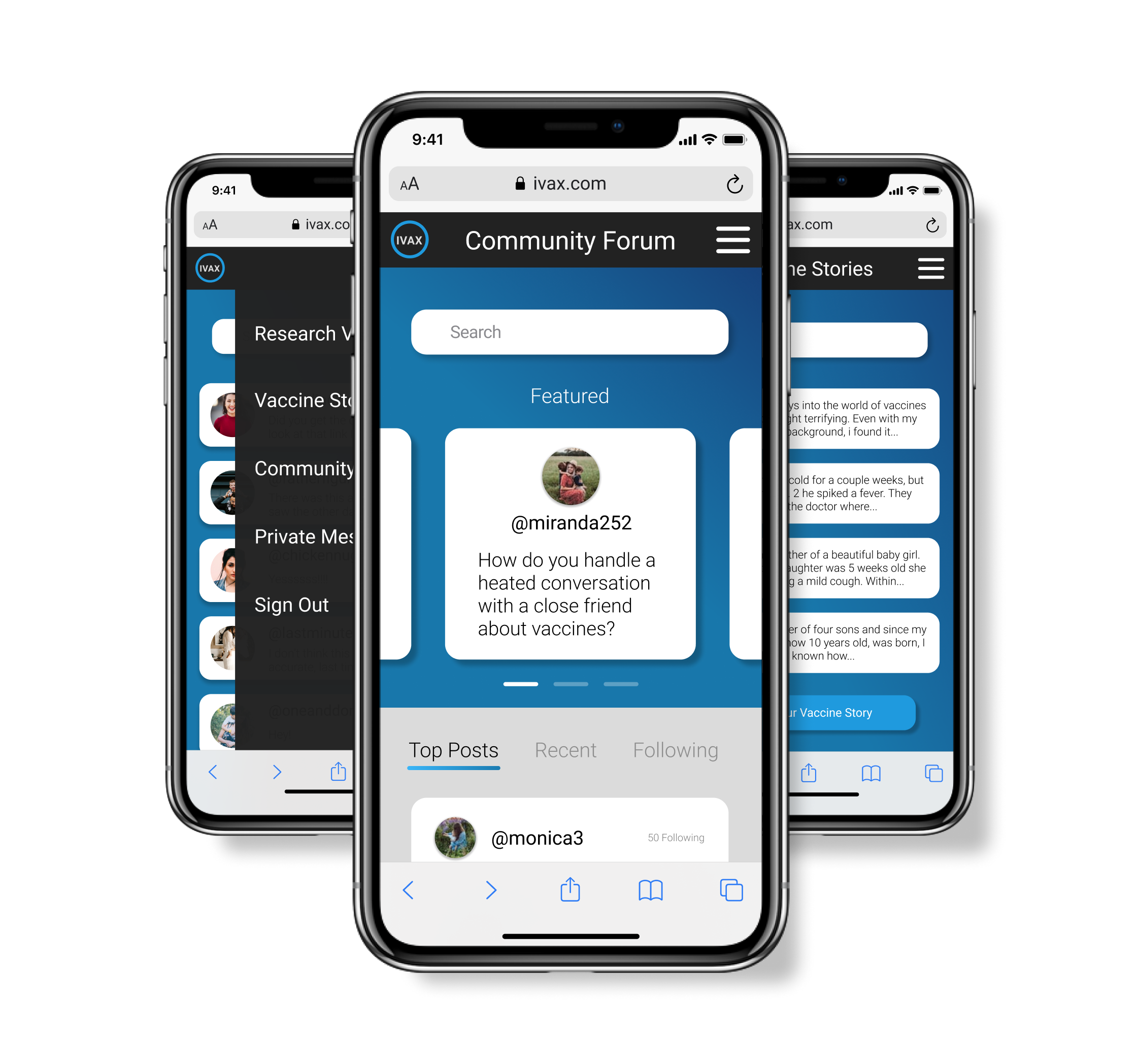 Three phone mockups of the IVAX vaccine research app