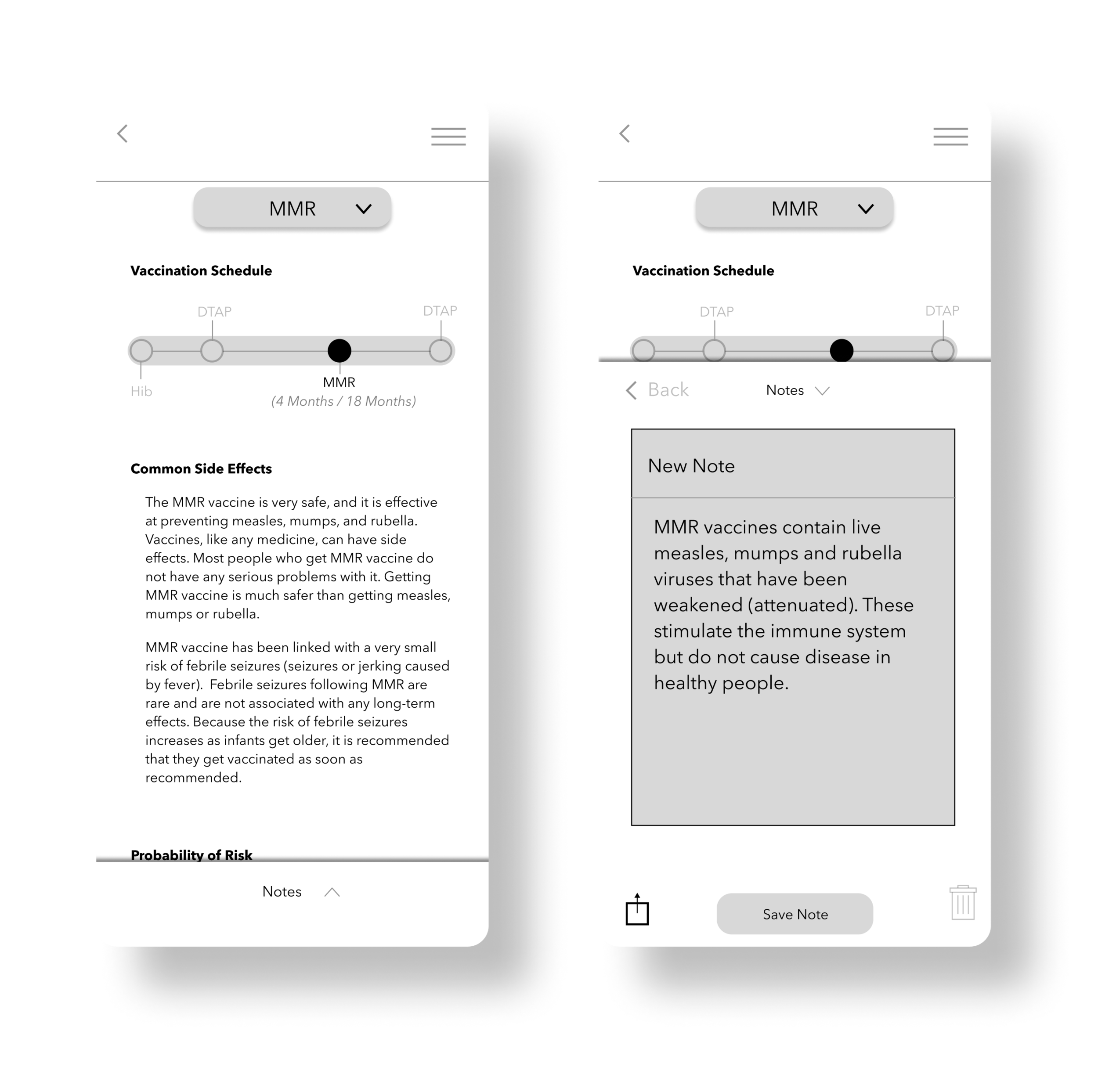 Wireframes of the IVAX vaccination schedule research page and its notes tab feature