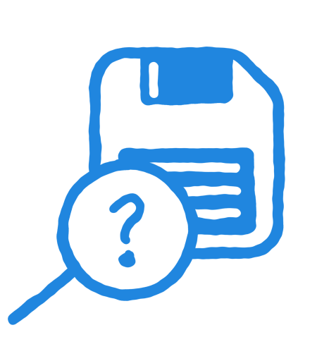 Illustration of a floppy disk or save icon with a search icon