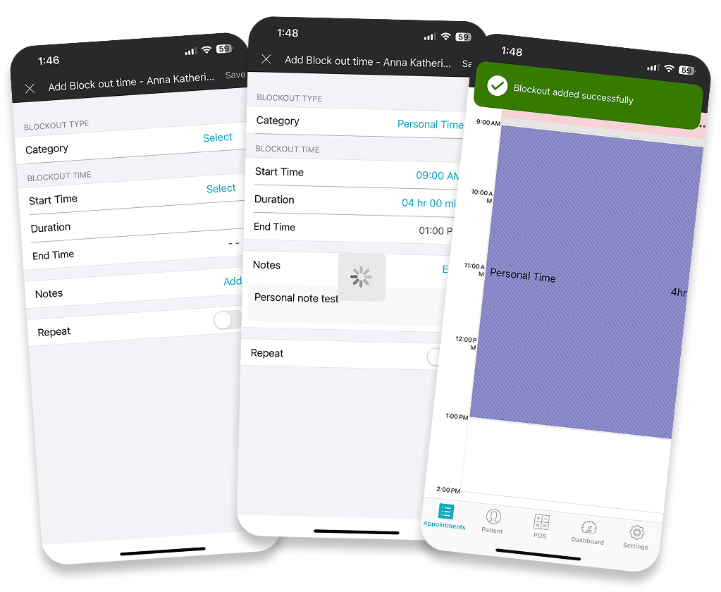 Three phone screens showing a provider manually adding a four-hour personal-time blockout, then the resulting block on their appointment calendar