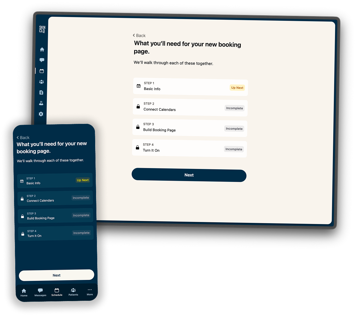 SkinClique new booking page onboarding progress shown on desktop and mobile