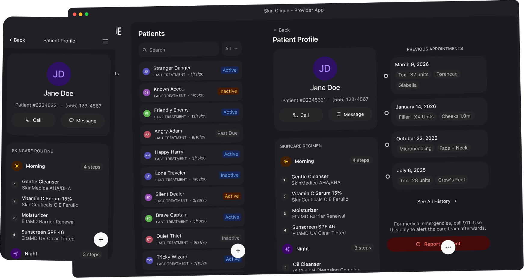 SkinClique patient list and profile screens, dark mode