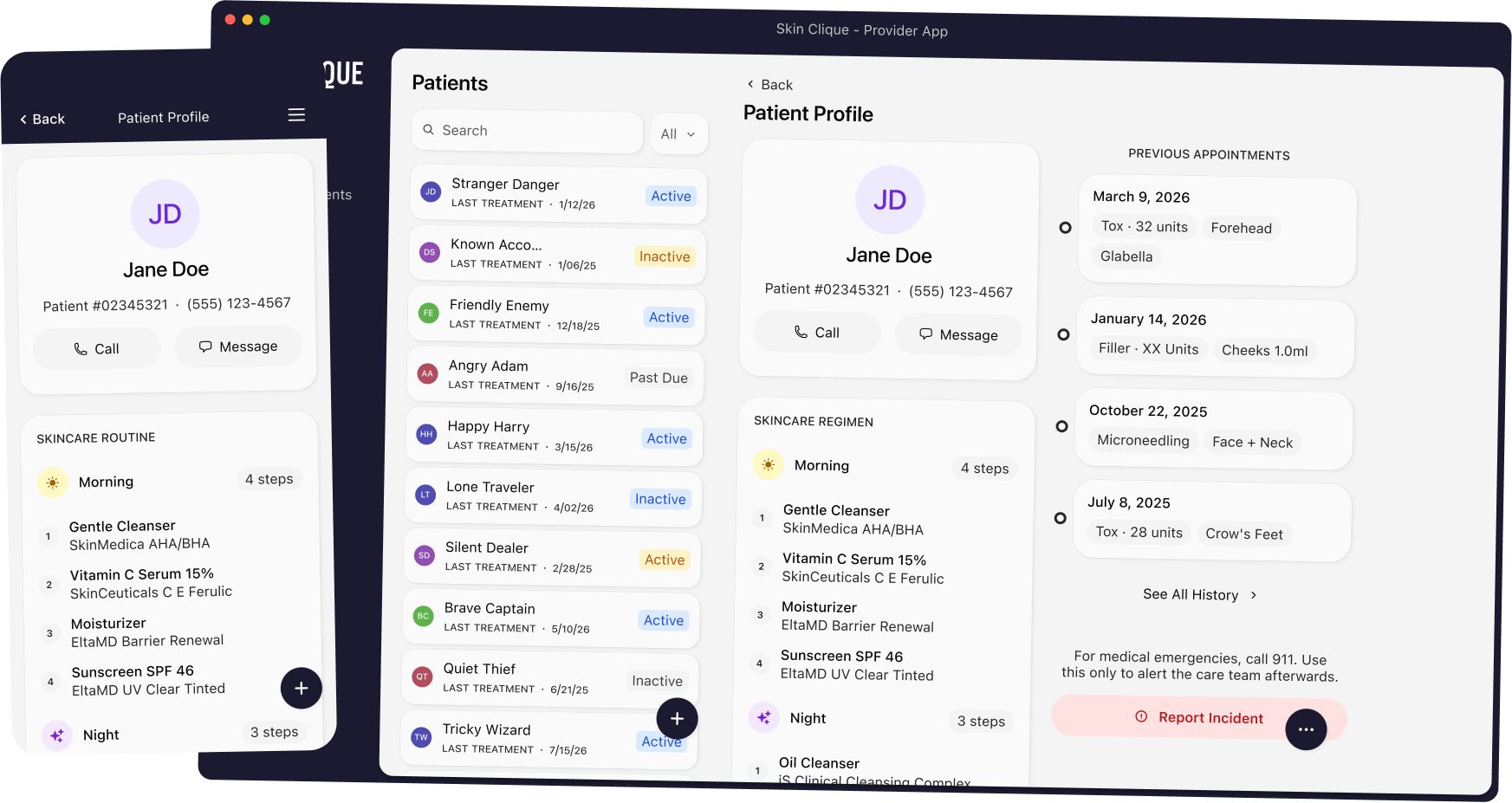 SkinClique patient list and profile screens, light mode
