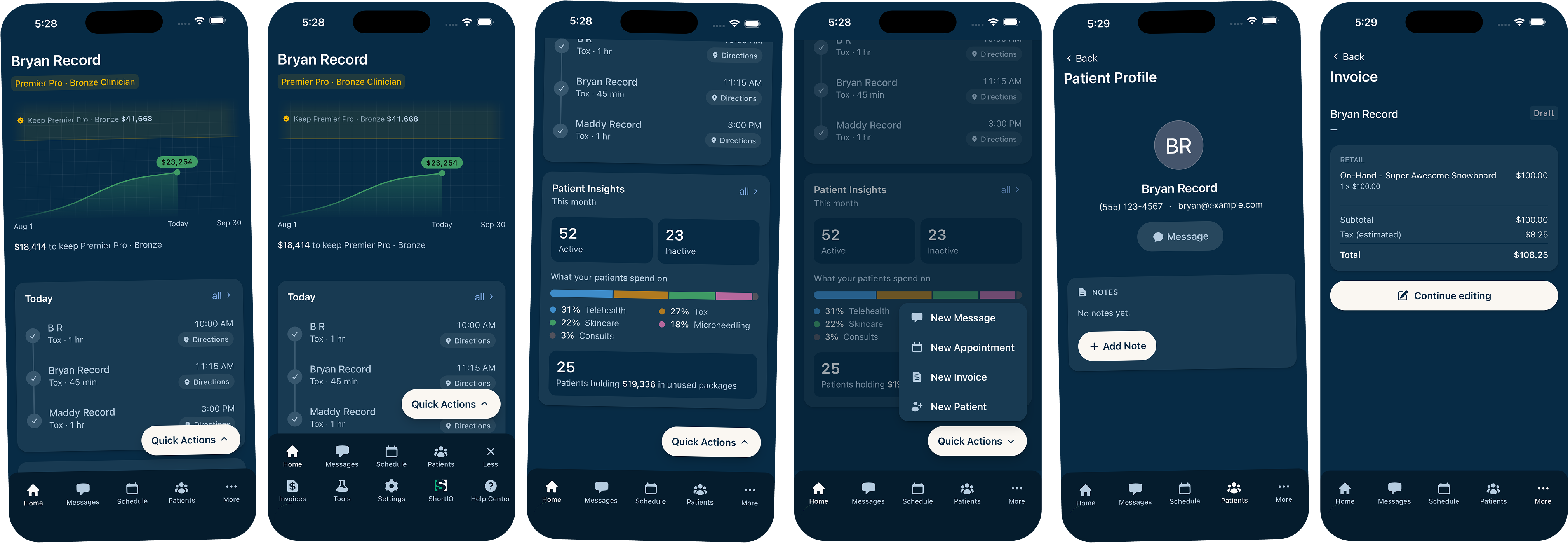 SkinClique app dashboard and patient management screens in dark mode