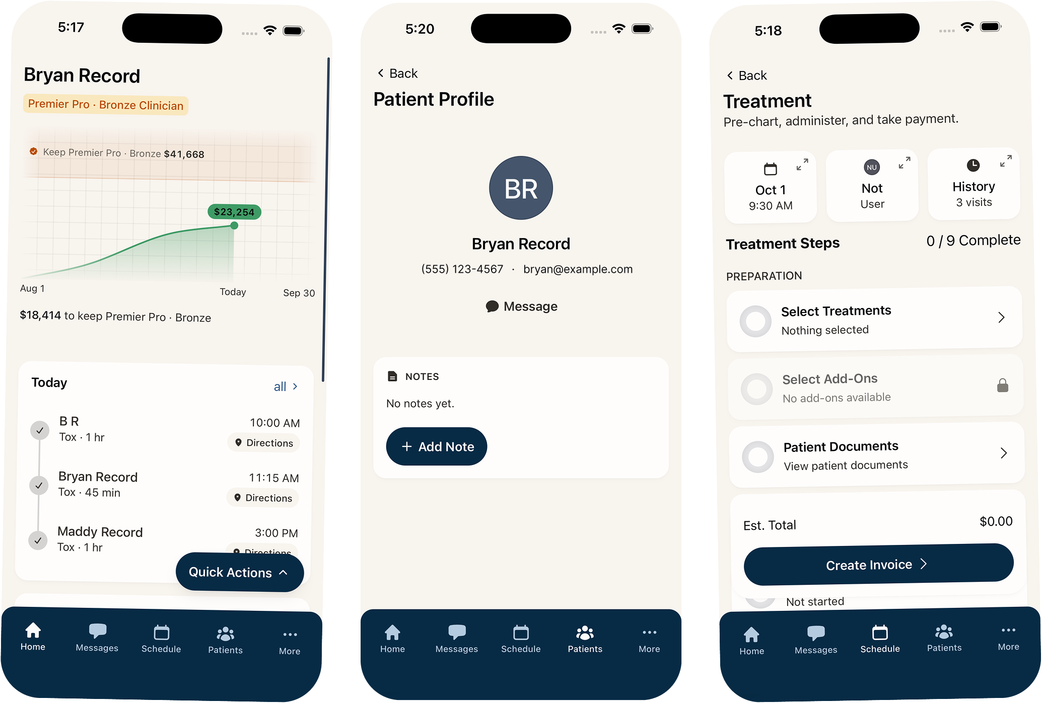 SkinClique app dashboard and patient management screens in light mode