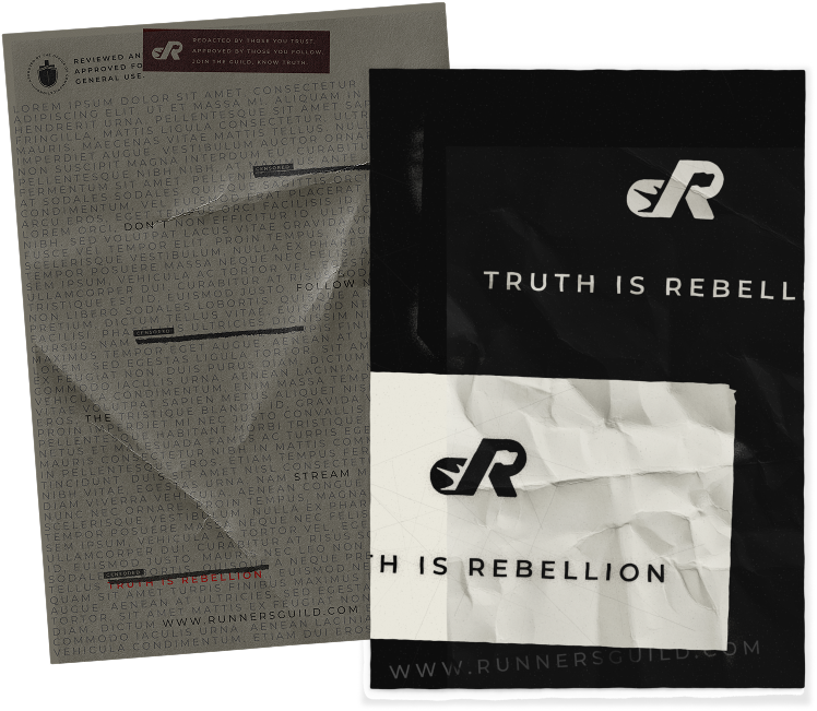 RaceRunners branded posters and paperwork mockups with the tagline Truth Is Rebellion
