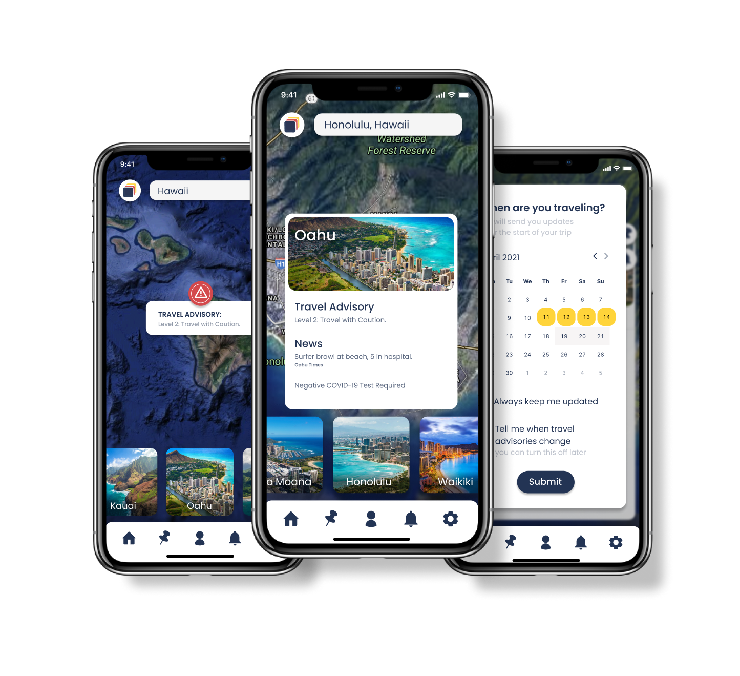 Three phone mockups of the Safecation travel safety app