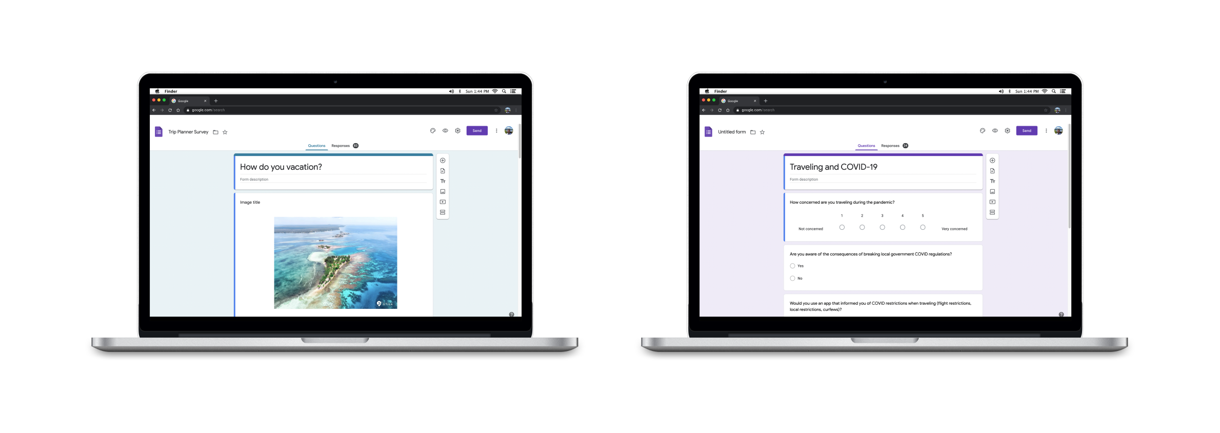 Two laptop screenshots of the Safecation trip planner and COVID-19 survey forms