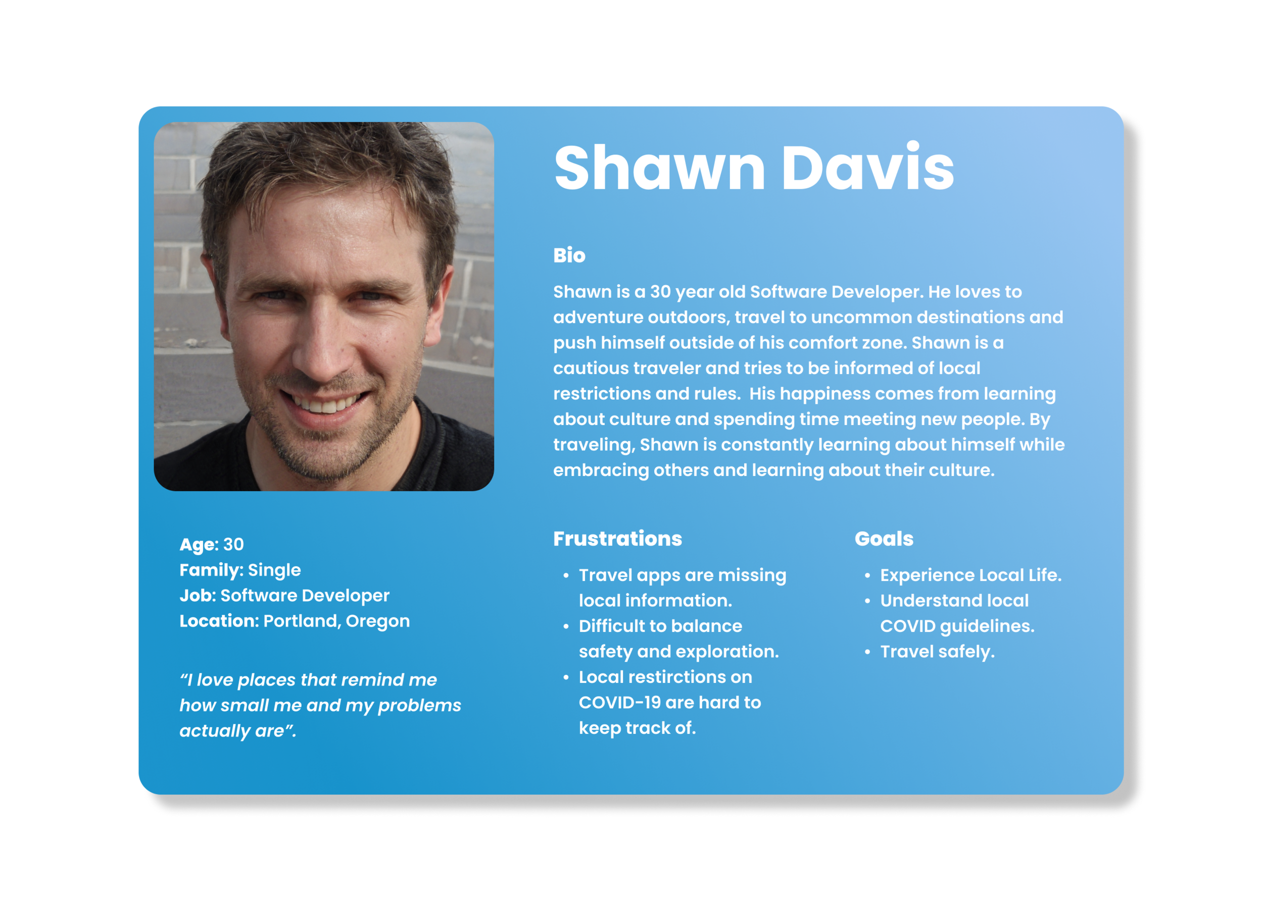 Persona profile for Shawn Davis, a 30-year-old software developer from Portland, Oregon