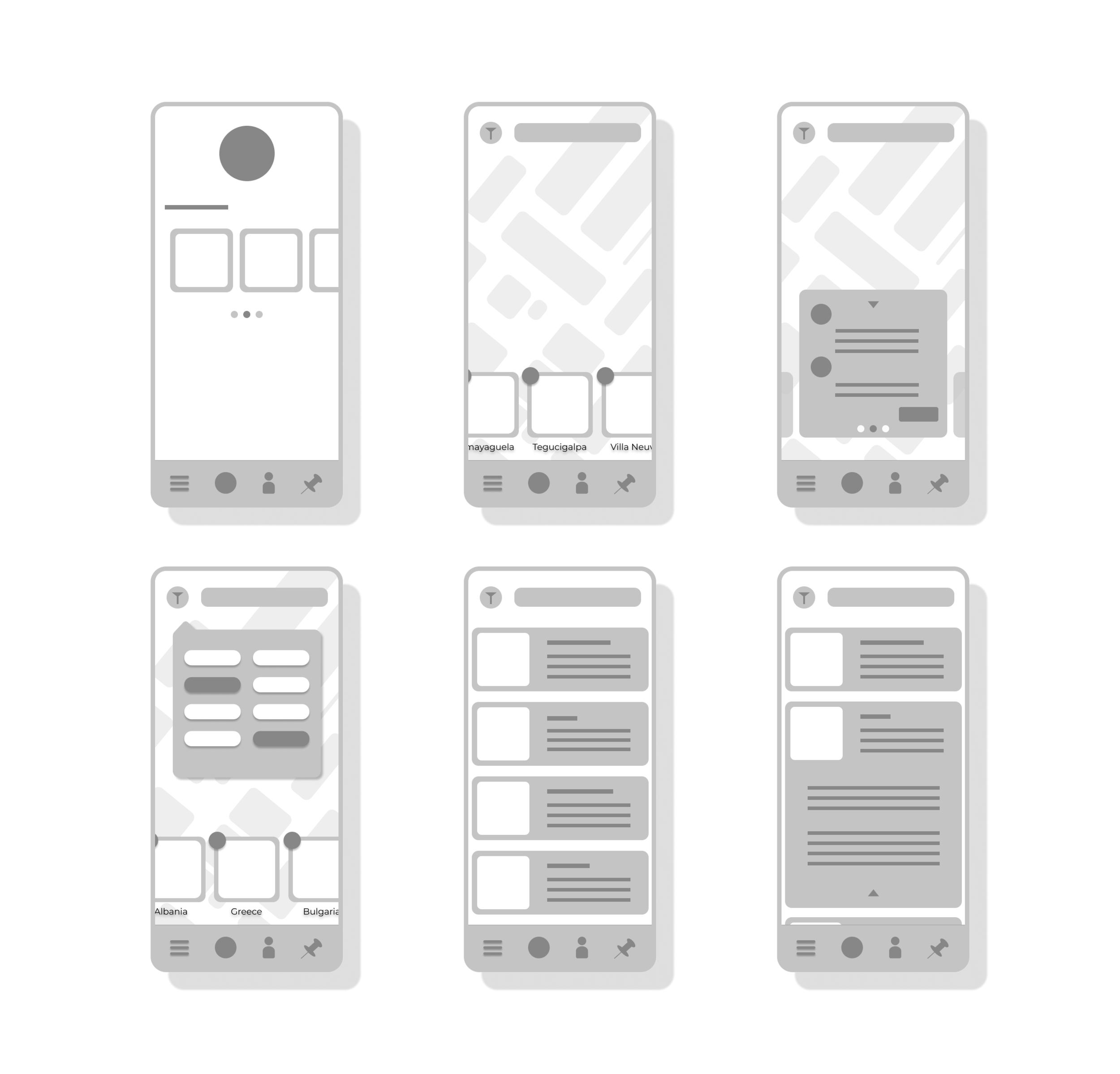 Grayscale low-fidelity wireframes of the Safecation app's map, location modal, and content screens