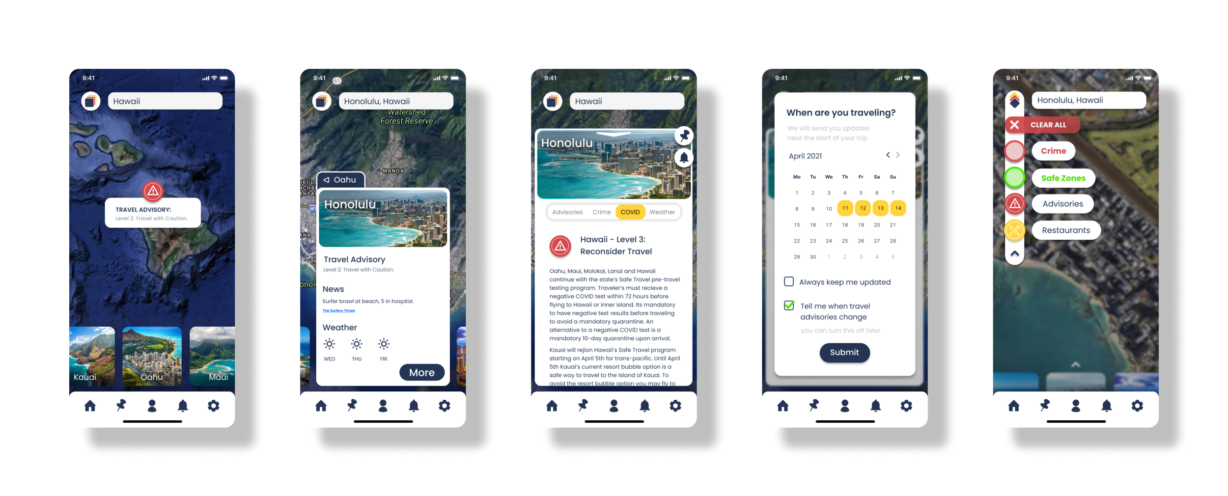 Final Safecation interface: a zoomed-out map, a location advisory modal, a detailed COVID/crime/weather tab view, an alert-scheduling screen, and a safe-zones filter