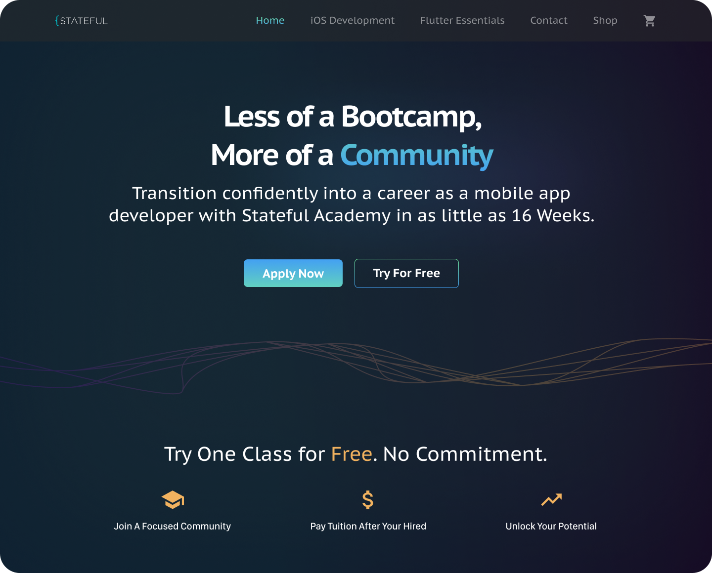 Stateful Academy website homepage promoting a 16-week mobile app development program