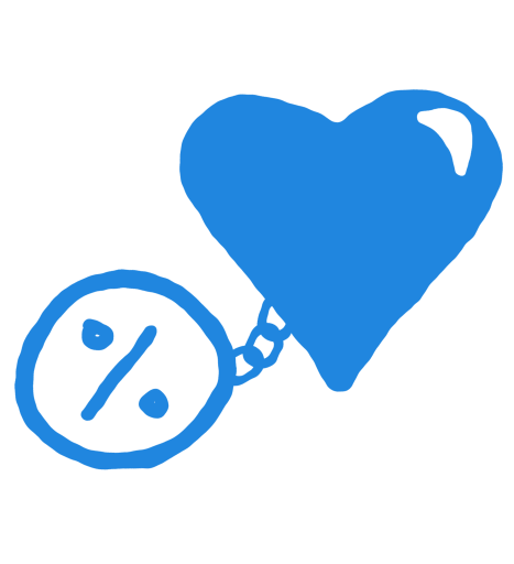 Illustration of a heart and a ball and chain with a percent sign on the ball